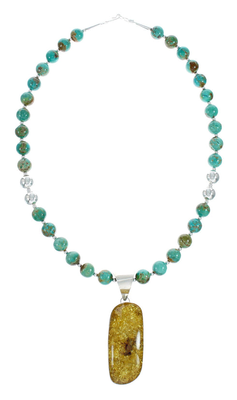 Native American Turquoise and Amber Bead Sterling Silver Necklace JX129245